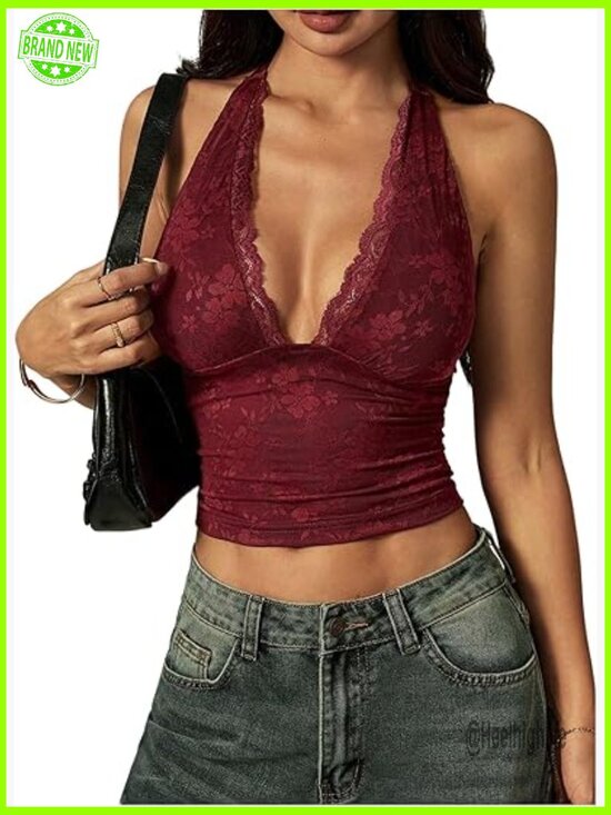 Tops - Floral Lace Halter Top Backless Sleeveless Y2K Party Crop Top Slim Fit